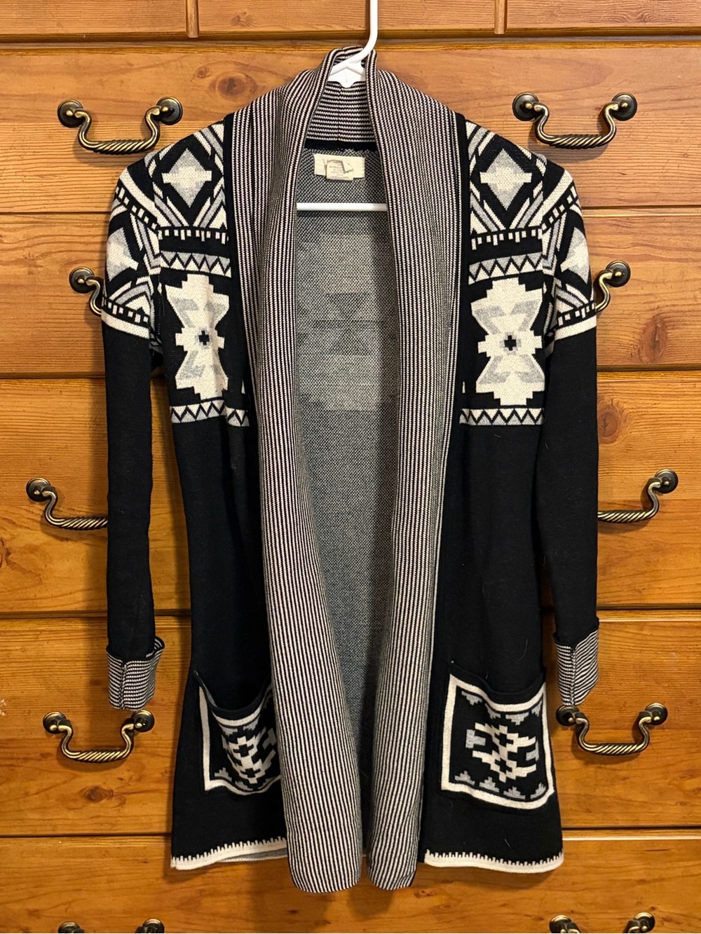 Open-Front Aztec Shawl Collar Cardigan in Black and Cream